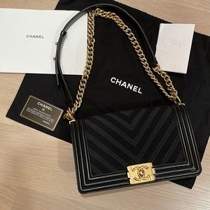 Auth. CHANEL Black Med Boy Bag Chevron/ quilted Fabric 2016 Collection Rare